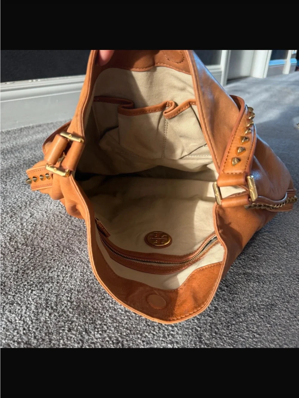 Tory Burch Soft Brown Buttery Leather Shoulder Hobo with Gold Stud Trim